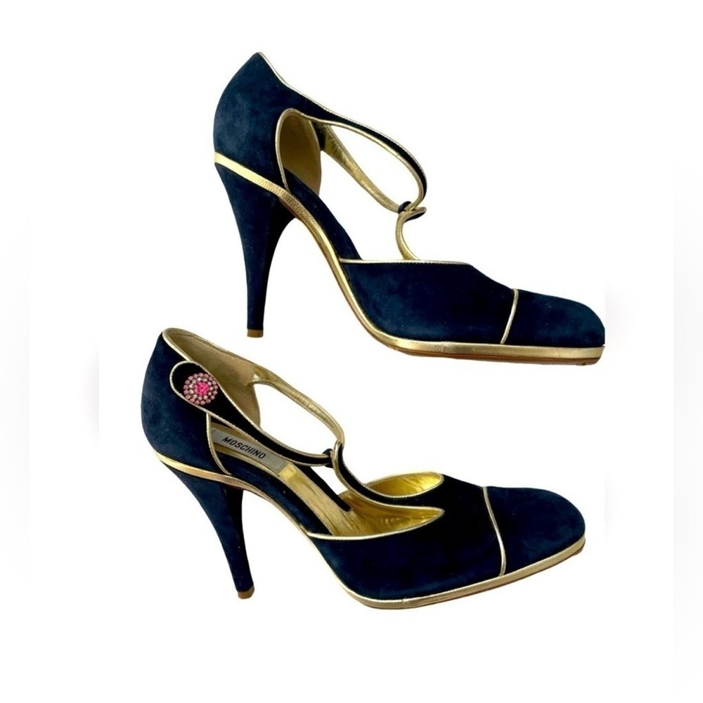 Moschino Italy Mary Jane Blue Gold Suede Leather Heels Pumps Women’s  Sz 37 7